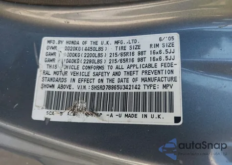 2005 Honda Cr-V Se/Ex из США, поврежденный, VIN SHSRD78965U342142